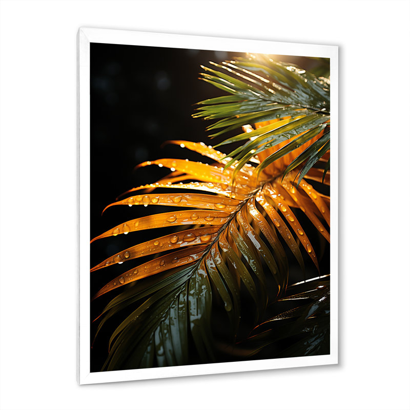 «Sunset Tropical Palm Tree Leaves III», reproduction sur toile, Cadre blanc, H 32 po x l 16 po x P 1 po