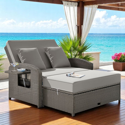 Rober Wicker Rattan Double Chaise Lounge, 2-Person Reclining Daybed with Adjustable Back and Cushions, Free Furniture Protection Cover