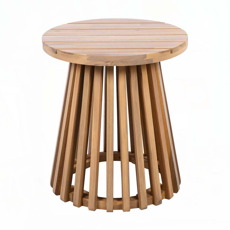 Corianna Round Acacia Wood Side Table With Slatted Base, Light Teak