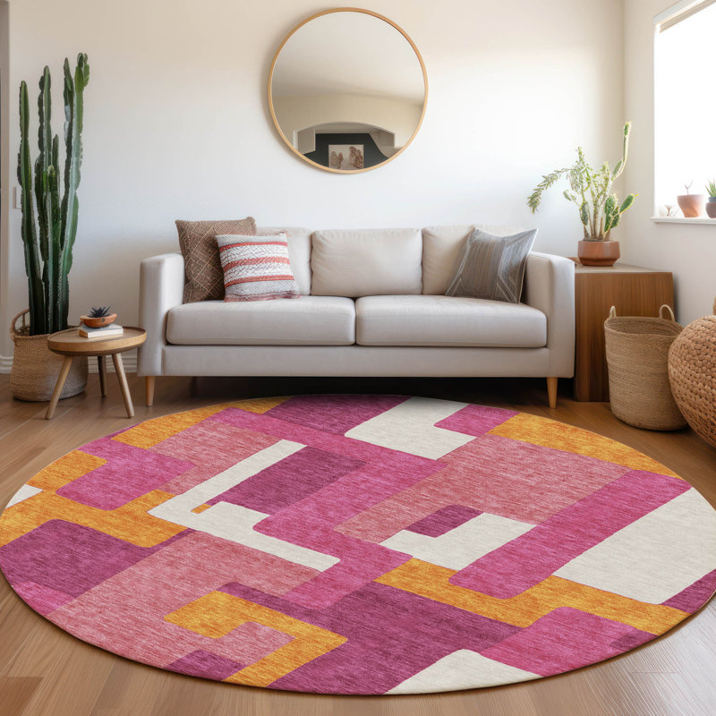 Premium Machine Washable Prisco Pink Rug, Round 8'