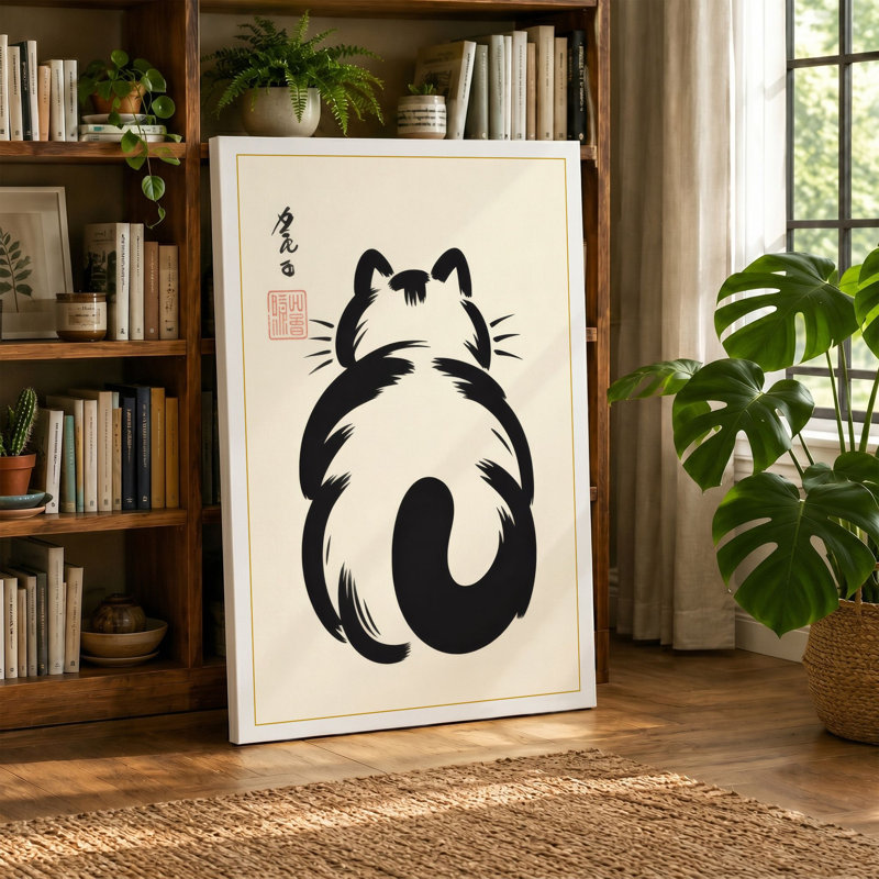 Cat in Repose Japandi - Wrapped Canvas, 30x20 - 76.2 x 50.8 cm, Teal Border