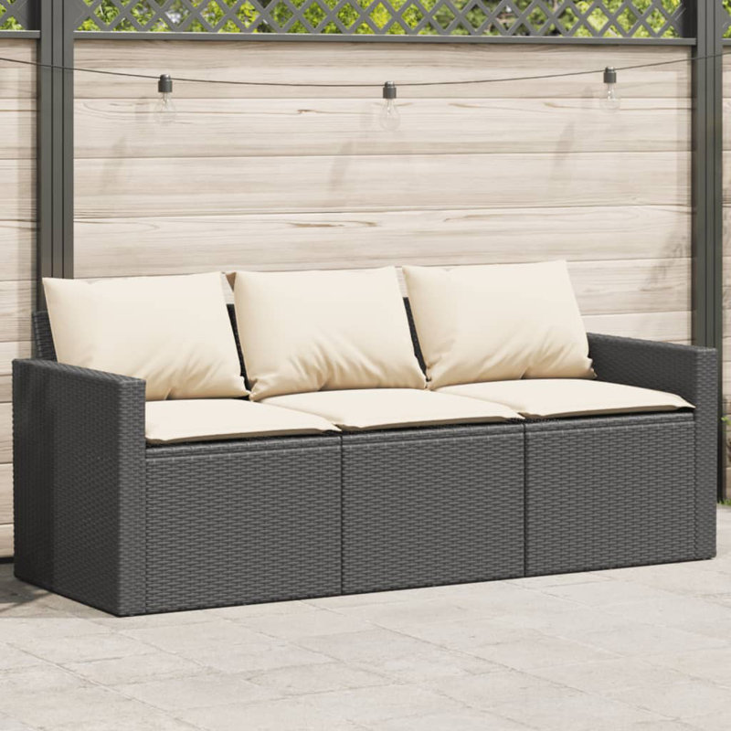 Canapé de patio en rotin 3 places Ebern Designs, Blanc crème, Noir
