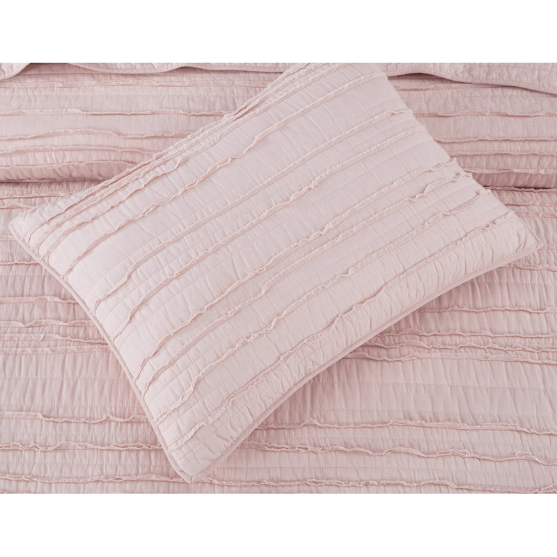Pre-Washed Solid Cotton Soft-Finished Ruffled Quilt Set, Queen Quilt + 2 Standard Shams, Blush