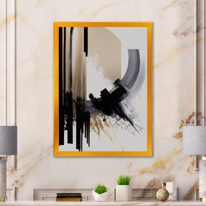 Noir, blanc et or Expression IV - art mural abstrait, H 20 po x l 12 po, Toile avec cadre photo, Doré