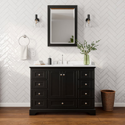 Meuble-lavabo simple 48 po Deborah en espresso foncé, comptoir en marbre de culture de Carrare, lavabo carré encastré (3 trous), garniture en chrome poli, armoire à pharmacie