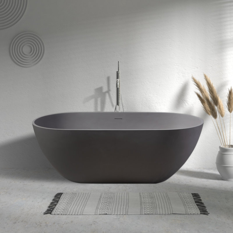 63'' x 29.5'' Freestanding Soaking Solid Surface Stone Resin Bathtub, Matte Gray