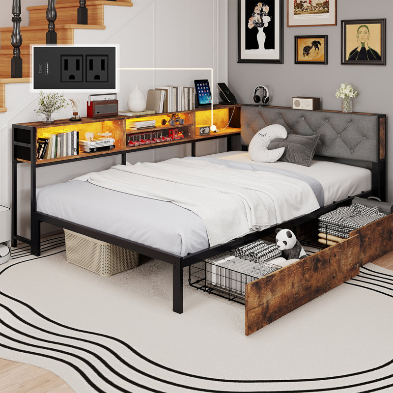 Full Corner Bed Frame with Headboard and 2 Storage Drawers,Daybed with Storage Bookcase,LED Lights and Charging Station, Full