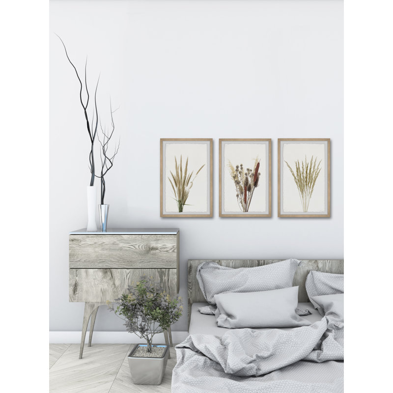 Graminées et fleurs triptyque, H 18 po x l 12 po