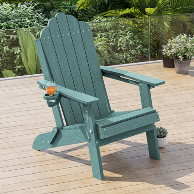 Classic Folding Adirondack Chair, HDPE Adirondack Chair with Ergonomic Design & Cup Holder for Patio and Fire Pit