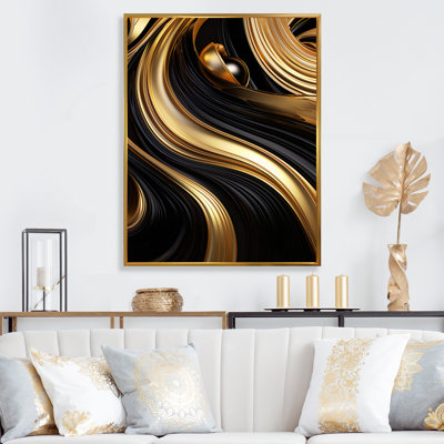 Abstrait or liquide et tourbillon noir I - spirales abstraites, art mural