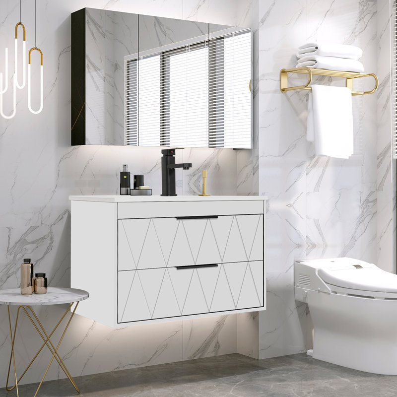 Ensemble de meuble-lavabo mural simple 30 po avec lavabo, robinet en alliage de zinc et tiroirs à fermeture en douceur Ciarra Sharee