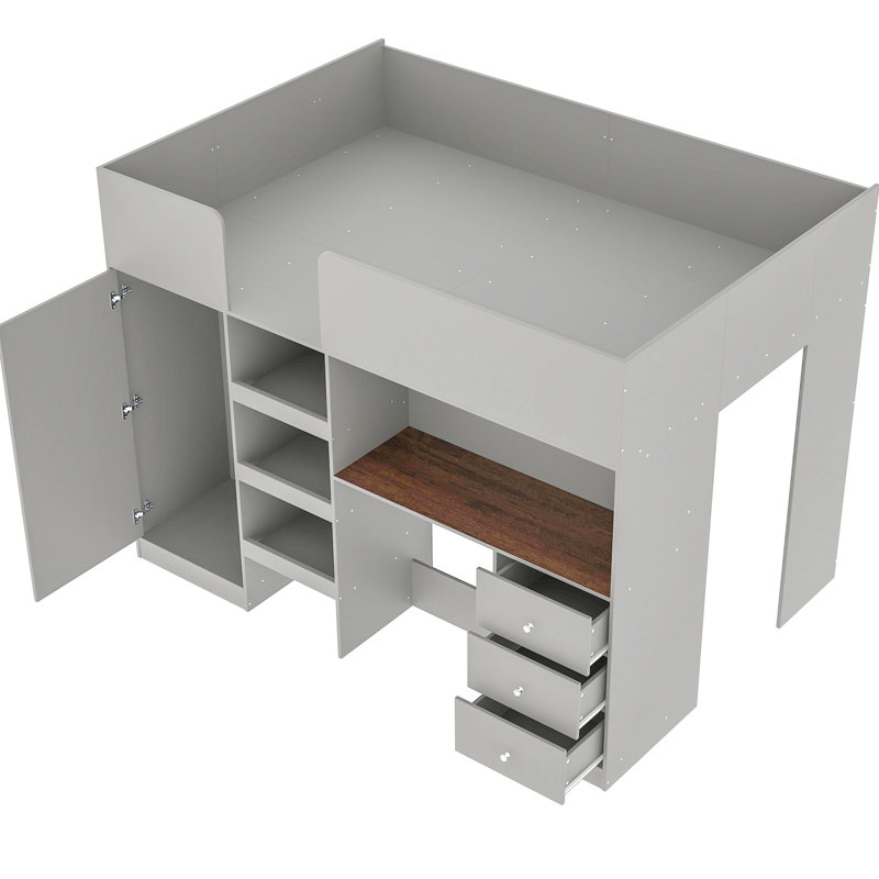 Lit mezzanine double en gris avec garde-robe et bureau intégrés - apparence de chambre à coucher, garde-robe et espaces de rangement
