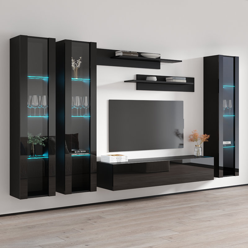 Aubrea 120" Modern Floating Wall Mounted Entertainment Center with 16-Color LED Lighting, High Gloss Finish, Black