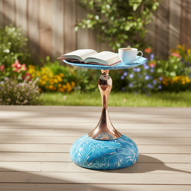 Modern Metal Round Tray Side Table With Pedestal Base, Blue White Marble