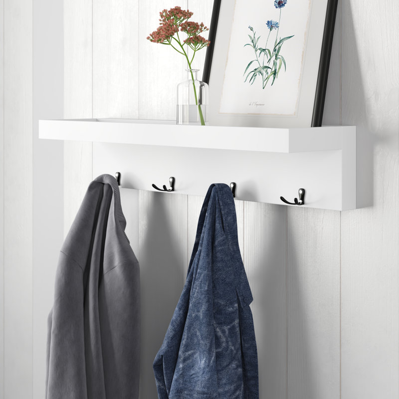 Ladue 4 - Hook Wall Mounted Coat Rack with Storage in White/Black, White