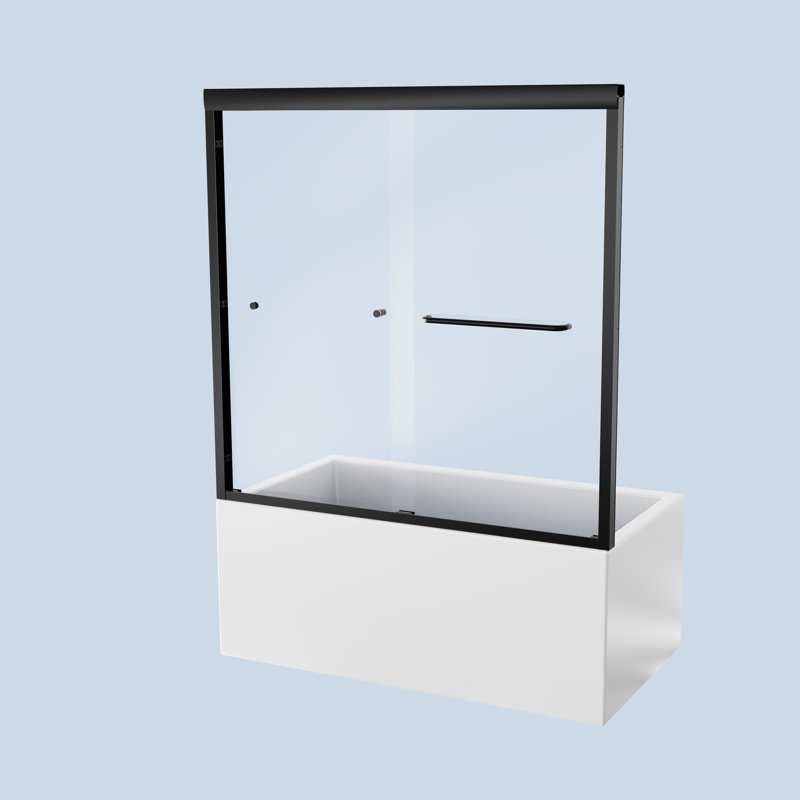 Double Sliding Bathroom Door, 6Mm Tempered Glass, Matte Black, Fashionable Outlook Semi- Shower 56 - 60 In. Width, Black Look