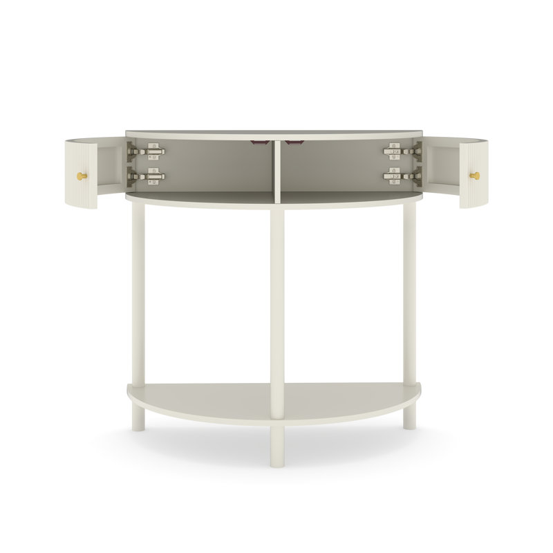 Console en rotin avec placard et étagère inférieure, style bohème demi-lune, idéale pour une entrée, un salon ou une chambre, couleur crème et blanc.