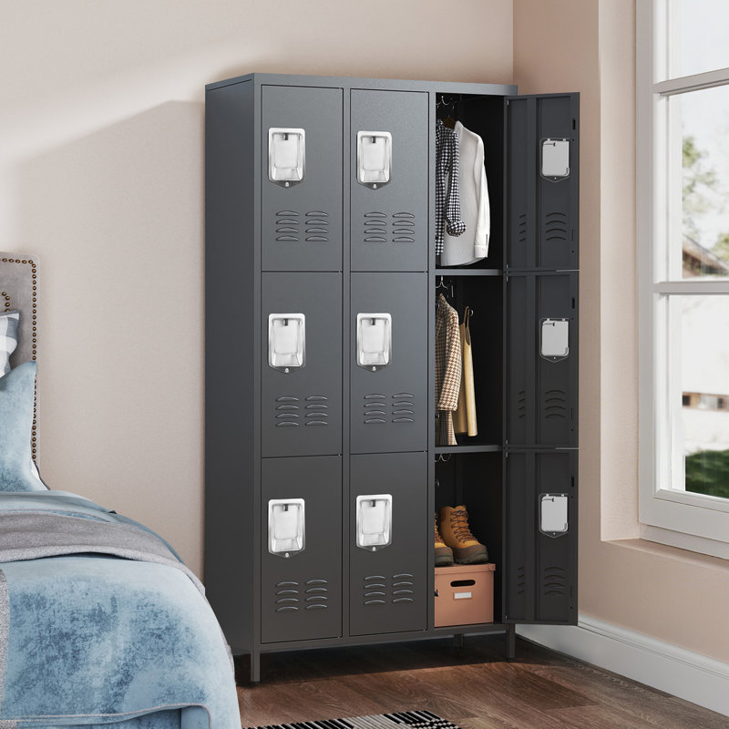 9 Door Metal Storage Locker, 3-Tier Employee Lockable Cabinet with Hooks & Ventilation Holes, 183cm Tall  Storage Unit for Gym, Office, School, Garage, Staff Changing Room