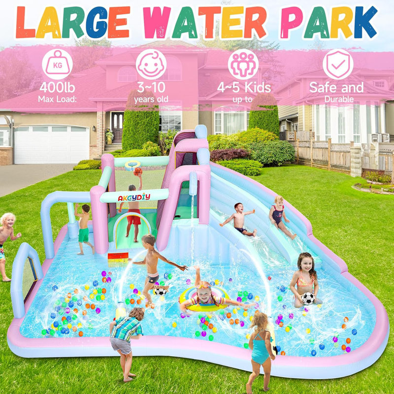 Grand toboggan gonflable de 21,3 pi x 14,7 pi avec siège gonflable, piscine, pulvérisateurs, souffleur de 950 watts