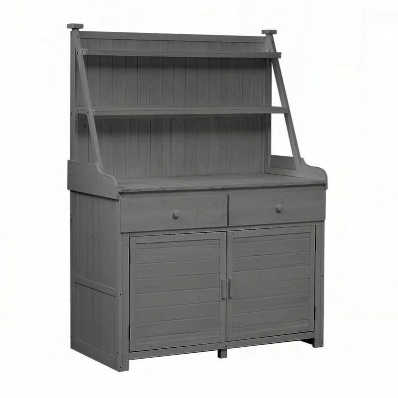 Garden Potting Bench Table, Fir Wood Workstation with Storage Shelf, Drawer and Cabinet
