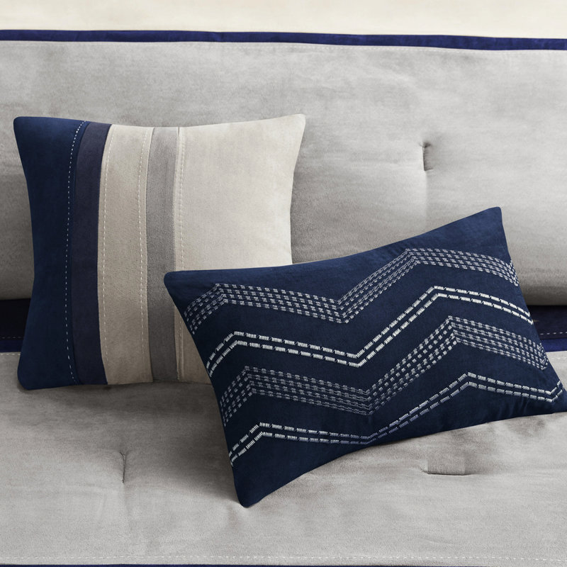 Édredon grand 7 pièces en bleu - Faux suède Édredon lavable à la machine, taies décoratives, coussins, jupe de lit inclus Détails de couture inclus