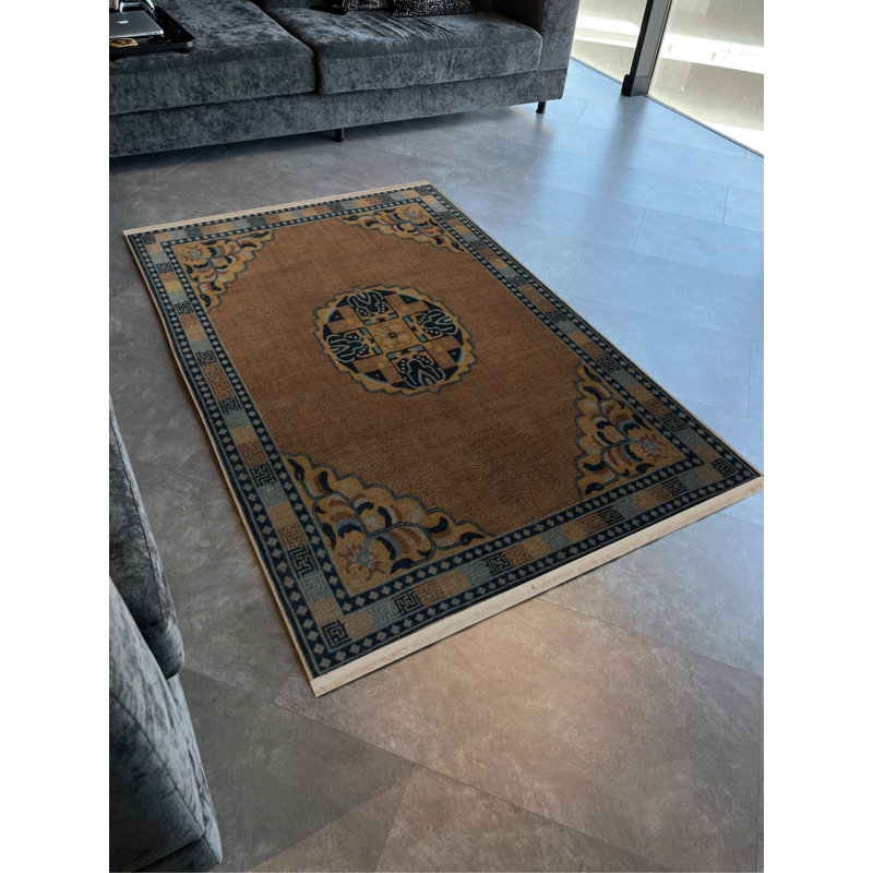Tapis décoratif rétro à motif traditionnel brun et bleu, Rectangle 5'2" x 7'11"