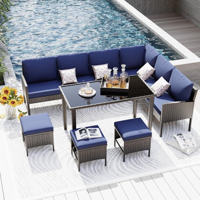 Red Barrel Studio® Patio Furniture Set, 7 Piece All Weather High Back Outdoor Dining Set With Dining Table And Ottomans, Blue