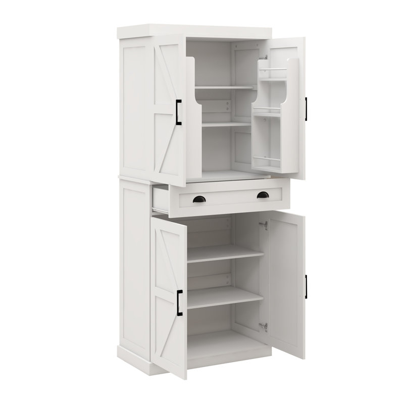 Armoire de rangement pour garde-manger de 71 po avec 4 portes (2 portes avec supports), 1 tiroir, 2 tablettes réglables, armoire autoportante pour la cuisine, la salle à manger et le salon - blanc