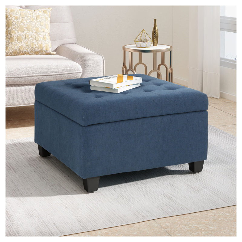 Repose-pieds de rangement capitonné en tissu bleu marine avec beaucoup d'espace de rangement - Mobilier de salon moderne avec pieds en bois de bouleau