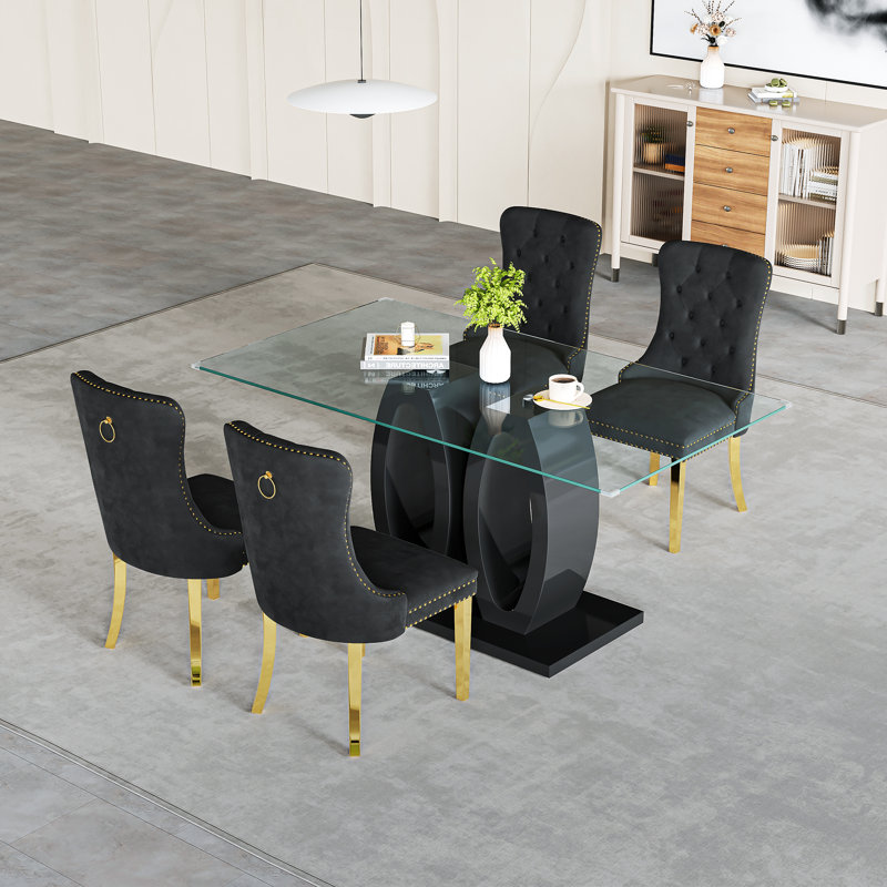 Dining Set, Black, Black/Gold, 5 Pieces: Table, 4 Chairs