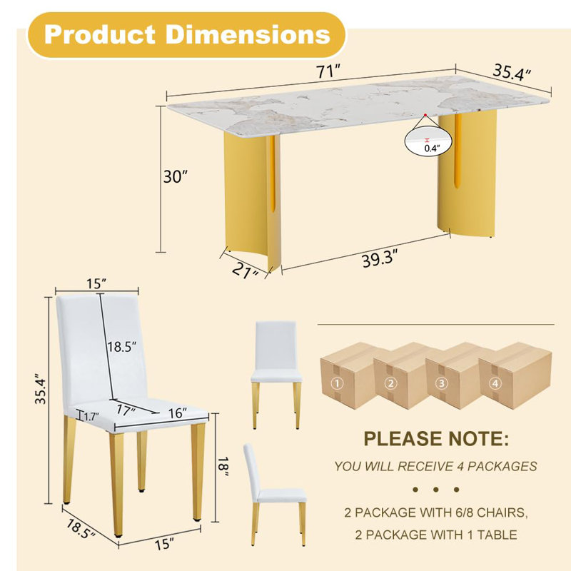 71" Rectangular Dining Table Set For 8 Featuring A Faux Marble Tabletop Paired With PU Leather Chairs. This 9-Piece Dining Set Is Suitable For Homes, Restaurants, And Office Spaces.