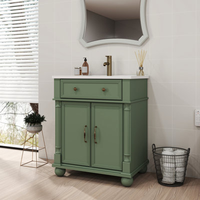 Meuble-lavabo de 28 pouces, poignées en métal, tablettes réglables en hauteur pour différents articles, base à colonne romaine, rangement organisé à tiroir rabattable, lavabo à cuve profonde
