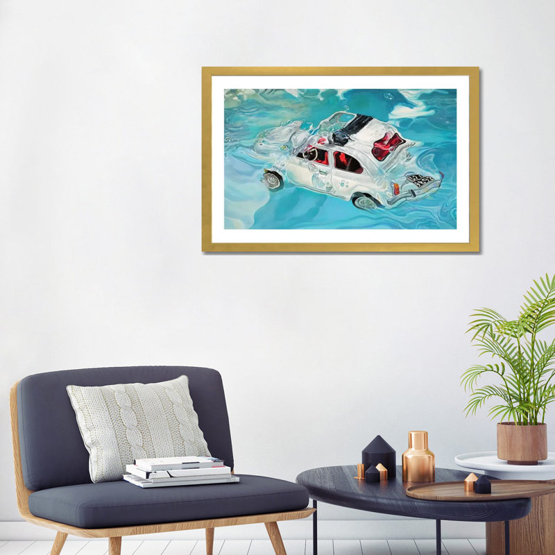 Impression, « Positano » par Marcello Petisci, H 24 po x l 32 po x P 1 po, Papier encadré doré, Blanc