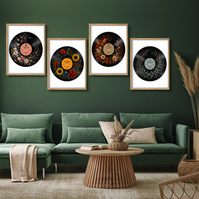 Four Seasons Floral Vinyl Records Framed Wall Art Prints Set of 4 - Colorful Music Inspired Décor for Living Room or Bedroom