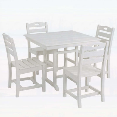 White HDPE Outdoor Dining Set for 4, 5-Piece Patio Set with Square Table and 4 Chairs, Umbrella Hole