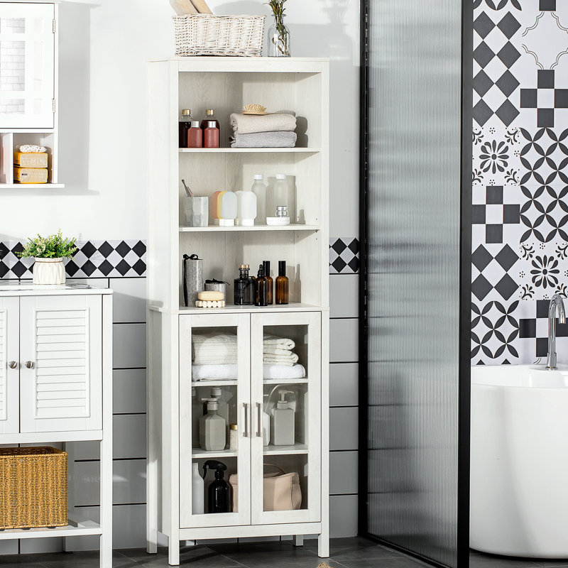 Tour à linge à 3 niveaux pour salle de bain, blanc antique, armoire autoportante, porte vitrée, tablette de rangement réglable, tablettes, blanc