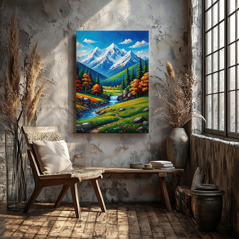 Toile, "Un paysage stylisé éclatant avec majestueuses montagnes enneigées sous un art mural", un ciel bleu vif avec des nuages blancs moelleux