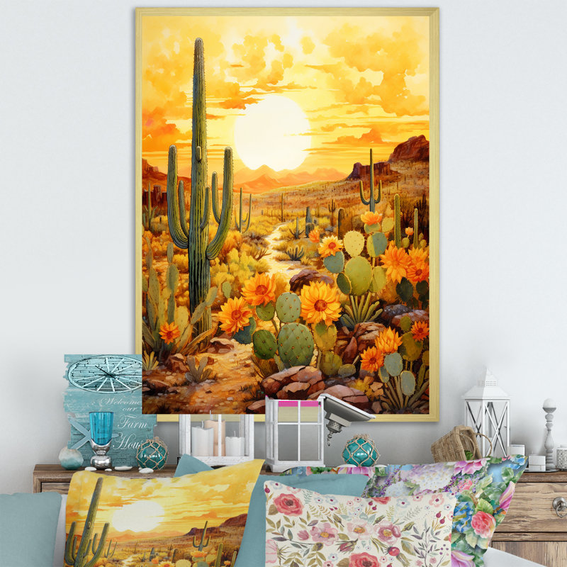 Cactus Golden Garden, reproduction d'art sur toile, H 40 po x l 30 po, Encadrement doré