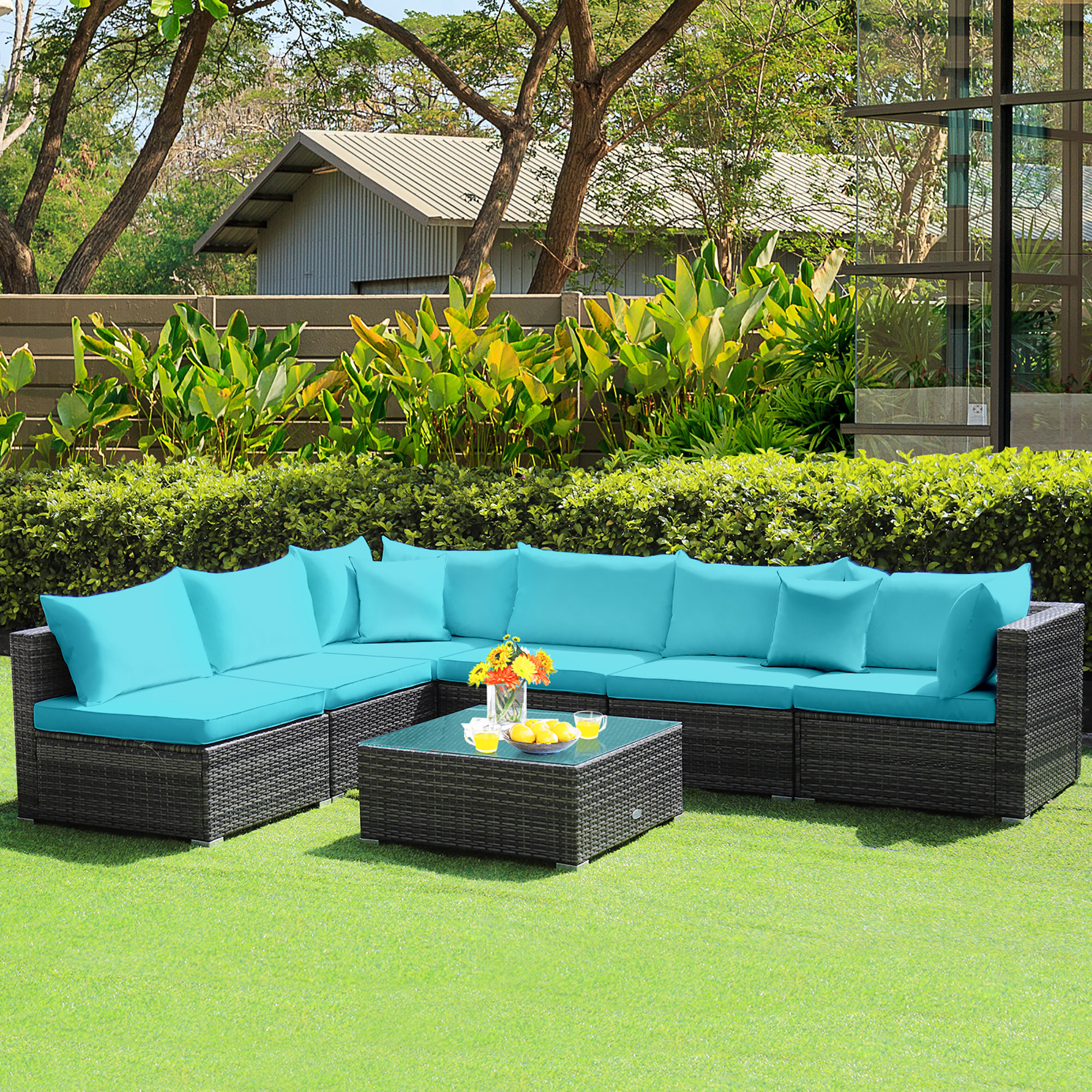 Latitude Run® 7 Piece Rattan Sectional Seating Group with Cushions ...