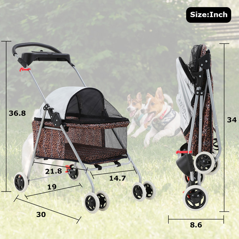 Leopard Print Folding Pet Stroller with Cup Holder