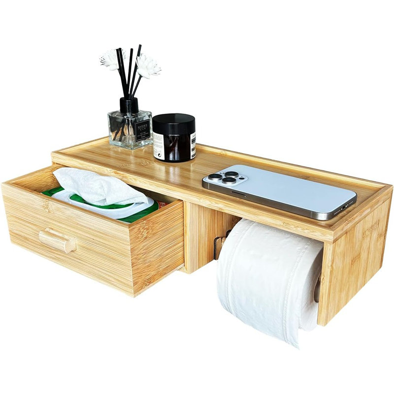 Support de salle de bain mural avec tablette et tiroir de rangement pour lingettes humides, finition naturelle