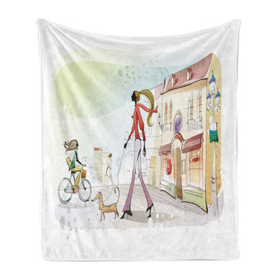 Ambesonne Dachshund Fleece Throw Blanket Woman Walking Her Dog Multicolor