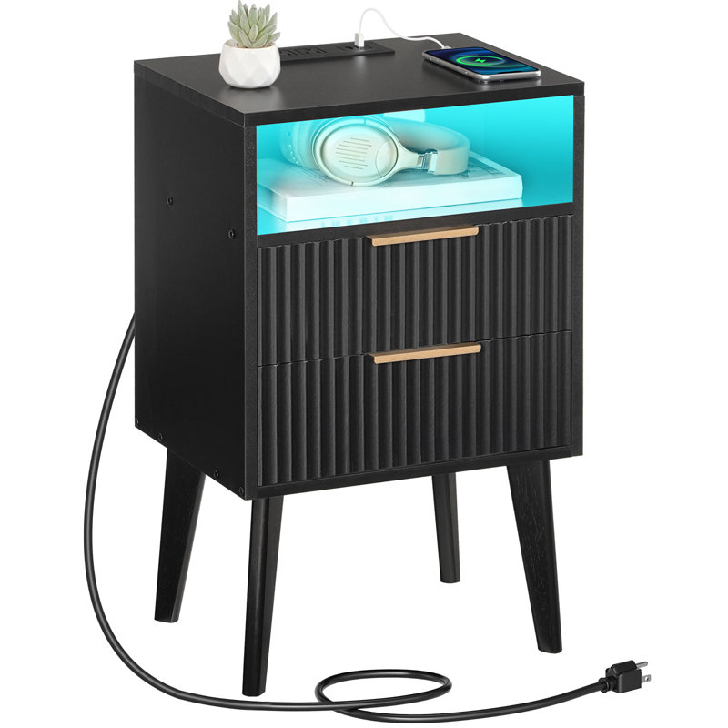 Modern Fluted 2 - Drawer Nightstand with Charging Station, Bedside Table with Open Shelf, Black