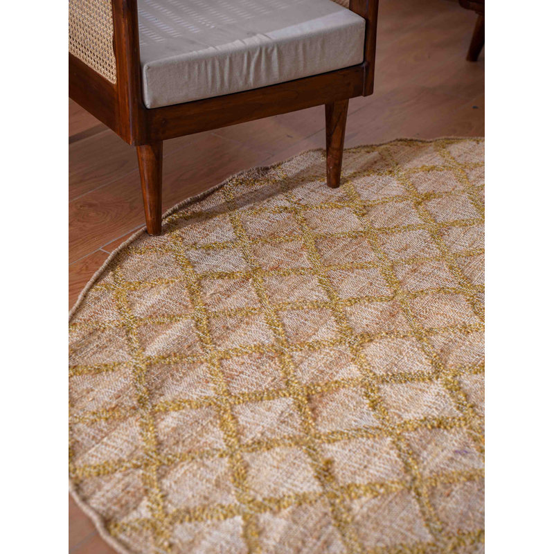 Manns Hand Woven Flat Weave Kilim Jute Eco-Friendly Solid Area Rugs - 6' x 6', Round, Beige Gold Color, Geometric Modern Design, Low Pile, Natural Fiber, Outdoor Indoor Handmade Area Rugs for Living Room, Bed Room