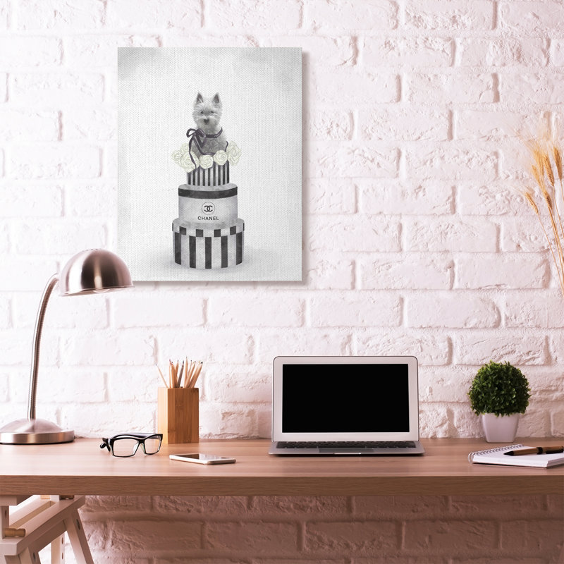 «Fashion Dog Box Stack Grey», peinture, Toile tendue, H 40 po x l 30 po