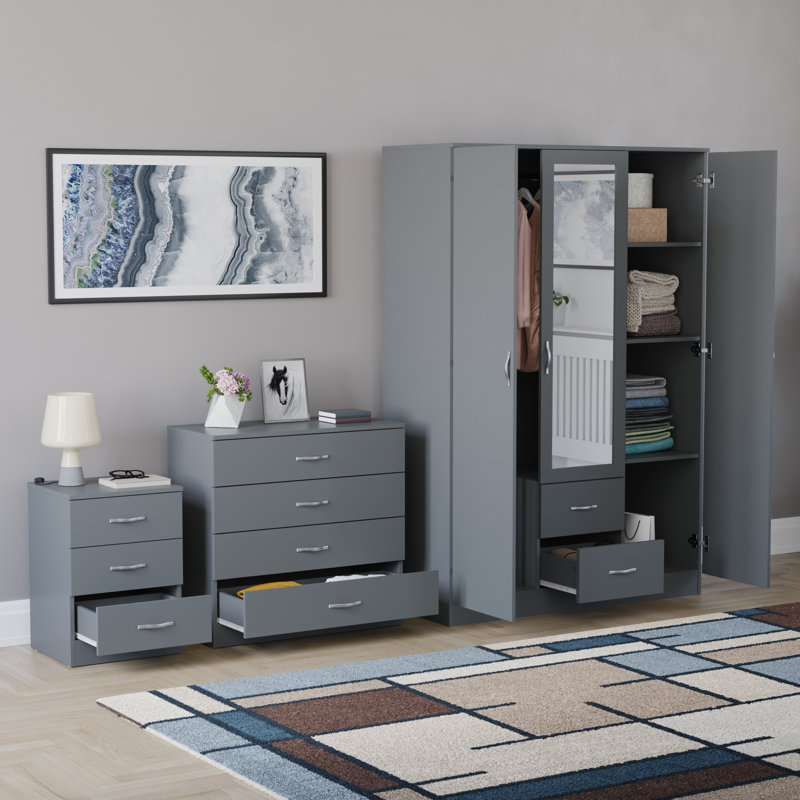 Maybery 3 Piece Bedroom Set (3 Drawer Bedside Chest, 4 Drawer Chest, 3 Door 2 Drawer Mirrored Wardrobe), (5), Grey