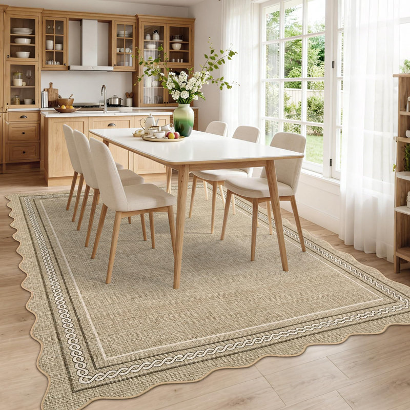 Scalloped Machine Washable Area Rug with Non Slip Backing Soft Faux Wool Low Pile Stain Resistant Easy Cleaning Carpet for Living Room Bedroom
