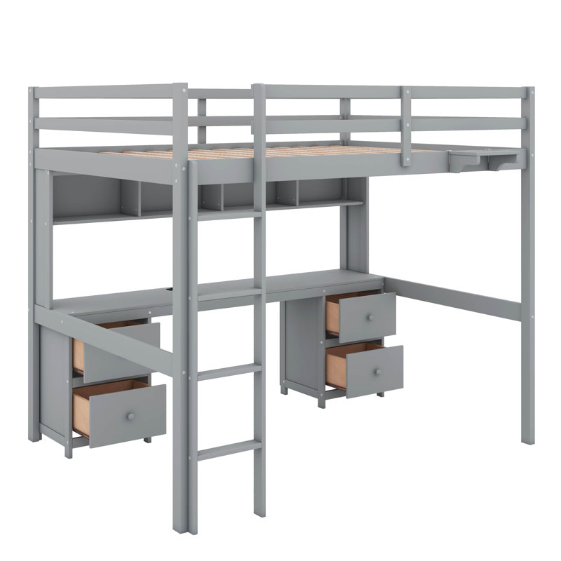 Lit mezzanine double avec bureau, armoires, tiroirs et station de charge, Gris