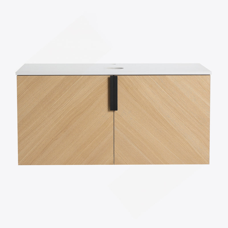 Meuble-lavabo mural avec dalle de pierre artificielle, portes à fermeture douce et fabrication durable pour un rangement facile et un décor de salle de bain élégant