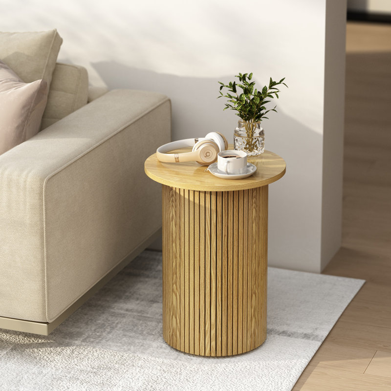 Eversole 22.6" Fluted Round Side Table Set, Natural Wood, Set of 2